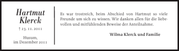 Traueranzeige von Hartmut Klerck von Flensburger Tageblatt
