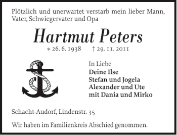 Traueranzeige von Hartmut Peters von Landeszeitung