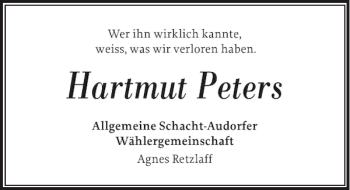 Traueranzeige von Hartmut Peters von Landeszeitung