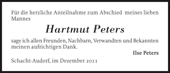 Traueranzeige von Hartmut Peters von Landeszeitung