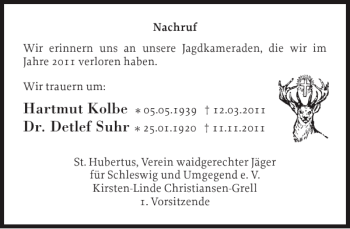 Traueranzeige von Hartmut Kolbe Dr. Detlef Suhr von Schleswiger Nachrichten