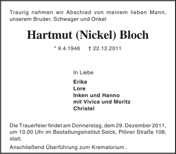 Traueranzeige von Hartmut Nickel Bloch von Holsteinischer Courier