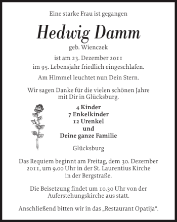 Traueranzeige von Hedwig Damm von Eckernförder Zeitung