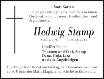 Traueranzeige von Hedwig Stamp von Landeszeitung