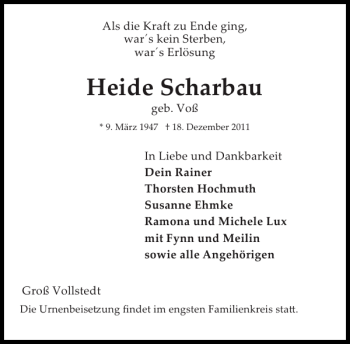Traueranzeige von Heide Scharbau von Landeszeitung
