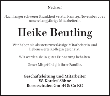 Traueranzeige von Heike Beutling von Elmshorner Nachrichten