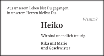 Traueranzeige von Heiko  von Ostholsteiner Anzeiger