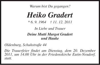 Traueranzeige von Heiko Gradert von Ostholsteiner Anzeiger