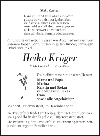 Traueranzeige von Heiko Kröger von Landeszeitung