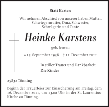 Traueranzeige von Heinke Karstens von Husumer Nachrichten