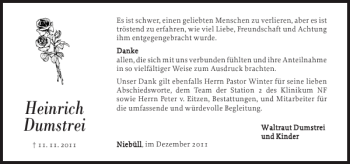 Traueranzeige von Heinrich Dumstrei von Nordfriesland Tageblatt