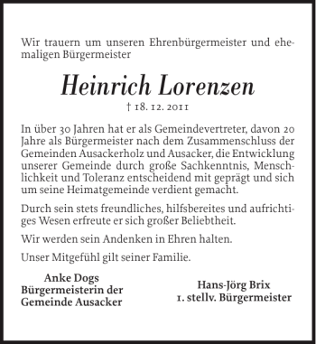Traueranzeige von Heinrich Lorenzen von Flensburger Tageblatt