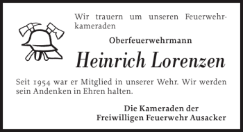 Traueranzeige von Heinrich Lorenzen von Flensburger Tageblatt