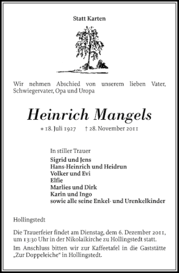 Traueranzeige von Heinrich Mangels von Schleswiger Nachrichten