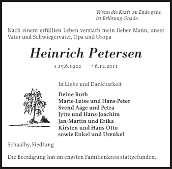 Traueranzeige von Heinrich Petersen von Schleswiger Nachrichten