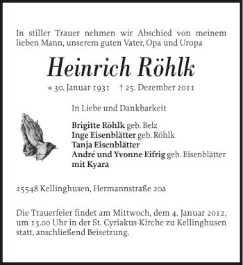 Traueranzeige von Heinrich Röhlk von Norddeutsche Rundschau