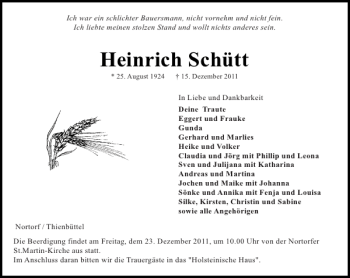 Traueranzeige von Heinrich Schütt von Landeszeitung