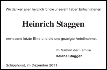 Traueranzeige von Heinrich Staggen von Holsteinischer Courier