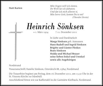 Traueranzeige von Heinrich Sönksen von Husumer Nachrichten
