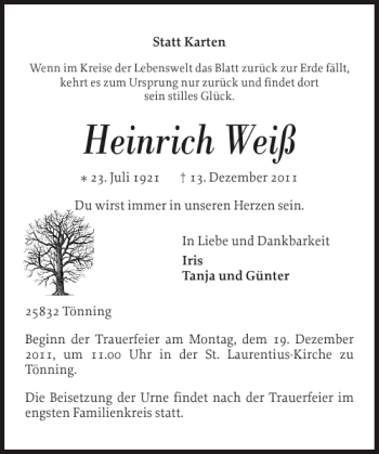Traueranzeige von Heinrich Weiß von Husumer Nachrichten
