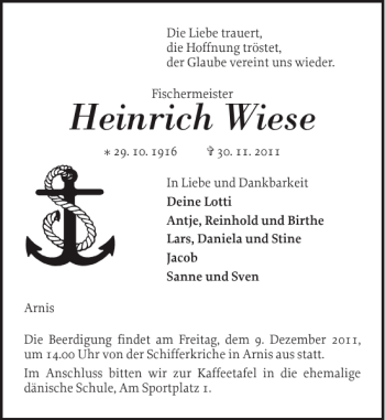 Traueranzeige von Heinrich Wiese von Schlei-Bote