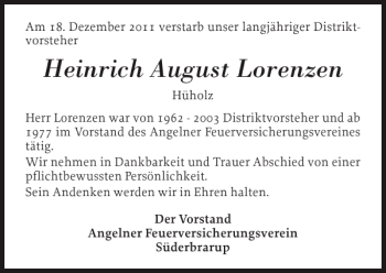 Traueranzeige von Heinrich August Lorenzen von Flensburger Tageblatt