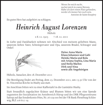 Traueranzeige von Heinrich August Lorenzen von Flensburger Tageblatt