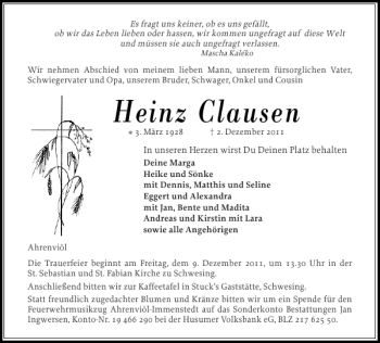 Traueranzeige von Heinz Clausen von Husumer Nachrichten