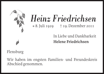 Traueranzeige von Heinz Friedrichsen von Flensburger Tageblatt