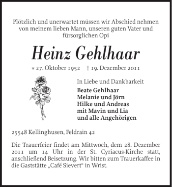Traueranzeige von Heinz Gehlhaar von Norddeutsche Rundschau