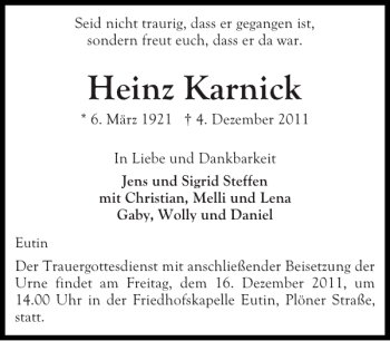 Traueranzeige von Heinz Karnick von Ostholsteiner Anzeiger