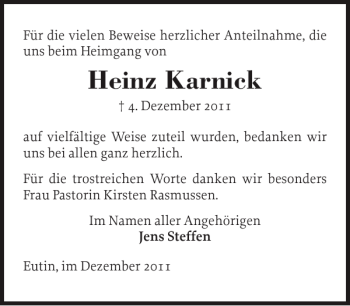 Traueranzeige von Heinz Karnick von Ostholsteiner Anzeiger