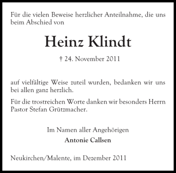 Traueranzeige von Heinz Klindt von Ostholsteiner Anzeiger