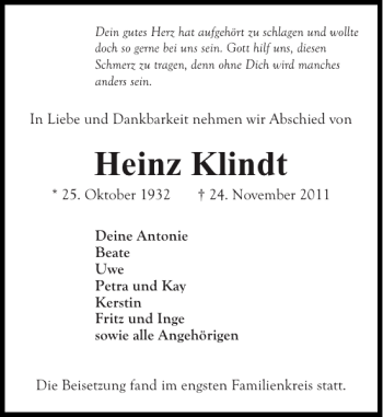 Traueranzeige von Heinz Klindt von Ostholsteiner Anzeiger