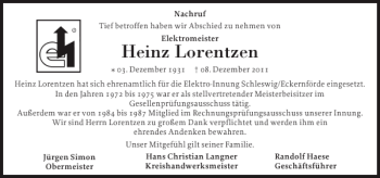 Traueranzeige von Heinz Lorentzen von Schleswiger Nachrichten