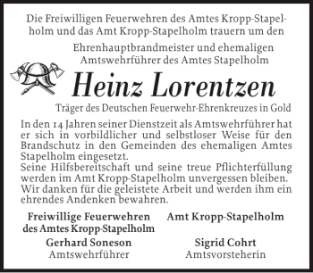 Traueranzeige von Heinz Lorentzen von Landeszeitung