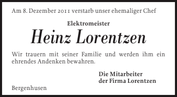 Traueranzeige von Heinz Lorentzen von Landeszeitung