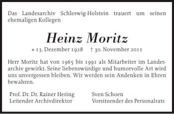 Traueranzeige von Heinz Moritz von Schleswiger Nachrichten