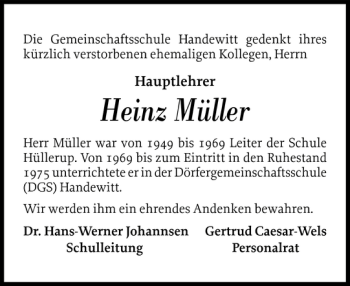 Traueranzeige von Heinz Müller von Flensburger Tageblatt