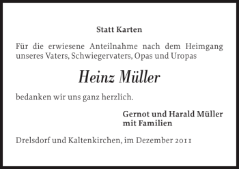 Traueranzeige von Heinz Müller von Flensburger Tageblatt