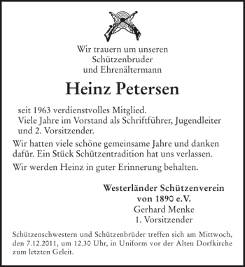 Traueranzeige von Heinz Petersen von Sylter Rundschau