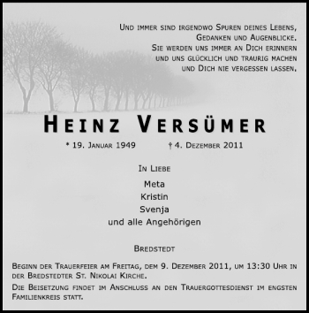 Traueranzeige von Heinz Versümer von Flensburger Tageblatt