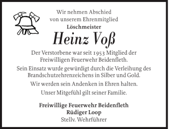 Traueranzeige von Heinz Voß von Norddeutsche Rundschau