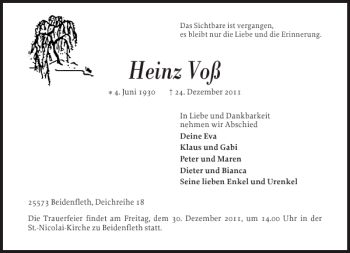Traueranzeige von Heinz Voß von Norddeutsche Rundschau