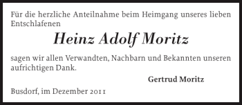 Traueranzeige von Heinz Adolf Moritz von Schleswiger Nachrichten