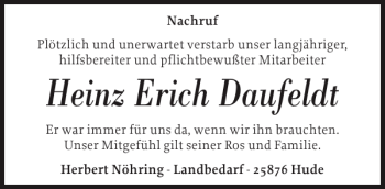 Traueranzeige von Heinz Erich Daufeldt von Husumer Nachrichten