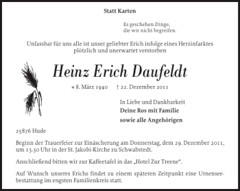 Traueranzeige von Heinz Erich Daufeldt von Husumer Nachrichten