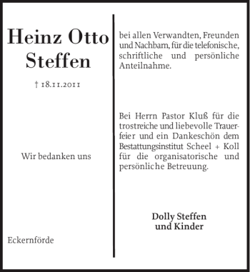 Traueranzeige von Heinz Otto Steffen von Eckernförder Zeitung