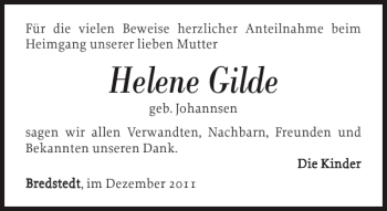 Traueranzeige von Helene Gilde von Husumer Nachrichten