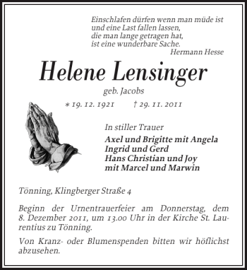 Traueranzeige von Helene Lensinger von Husumer Nachrichten
